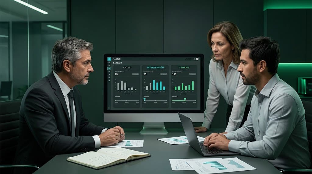 Gerentes y responsables revisando evidencia de una validación antes y después