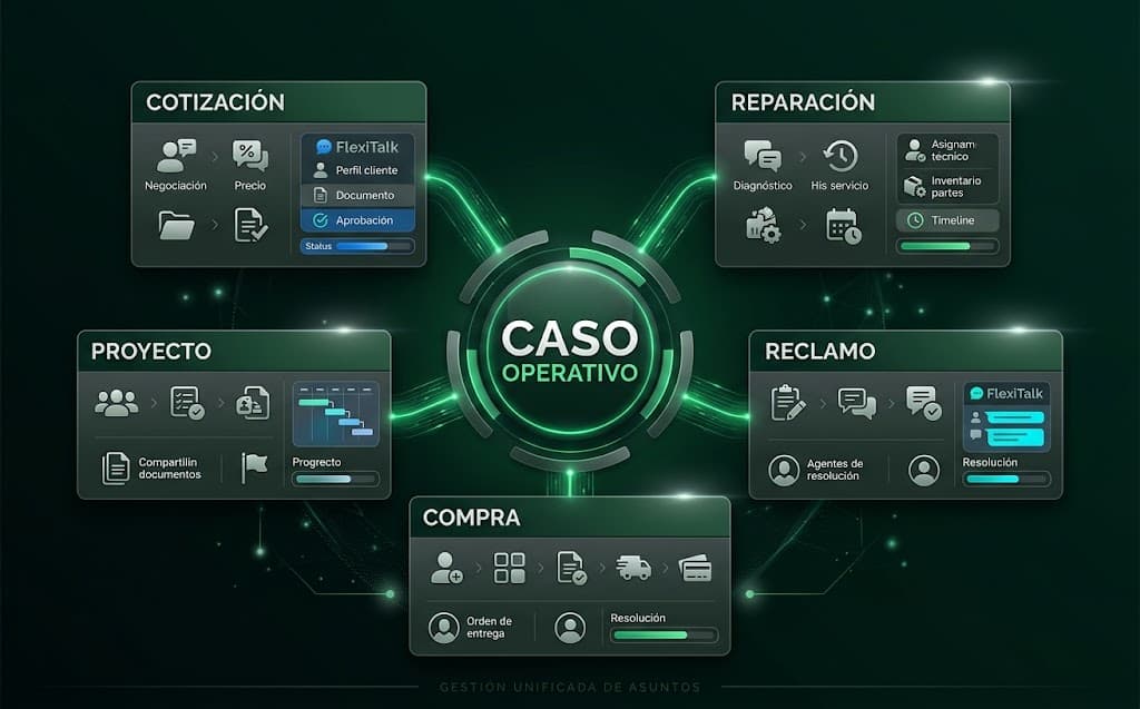 Cotización, reparación, reclamo, compra y proyecto organizados como casos operativos